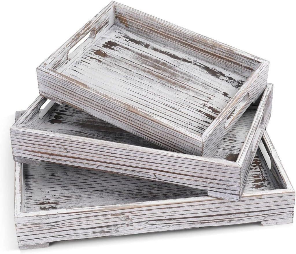 Rustic Wooden Serving Tray with Handle - 3-Piece Set of Wooden Trays for Ottomans, Torched Whitewash Nesting Trays for Eating, Decoration, Coffee, Stackable Rectangular Breakfast Trays