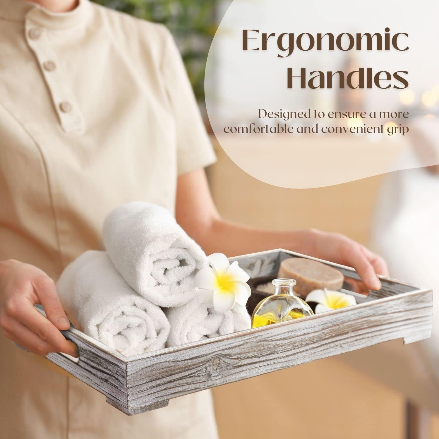 Rustic Wooden Serving Tray with Handle - 3-Piece Set of Wooden Trays for Ottomans, Torched Whitewash Nesting Trays for Eating, Decoration, Coffee, Stackable Rectangular Breakfast Trays