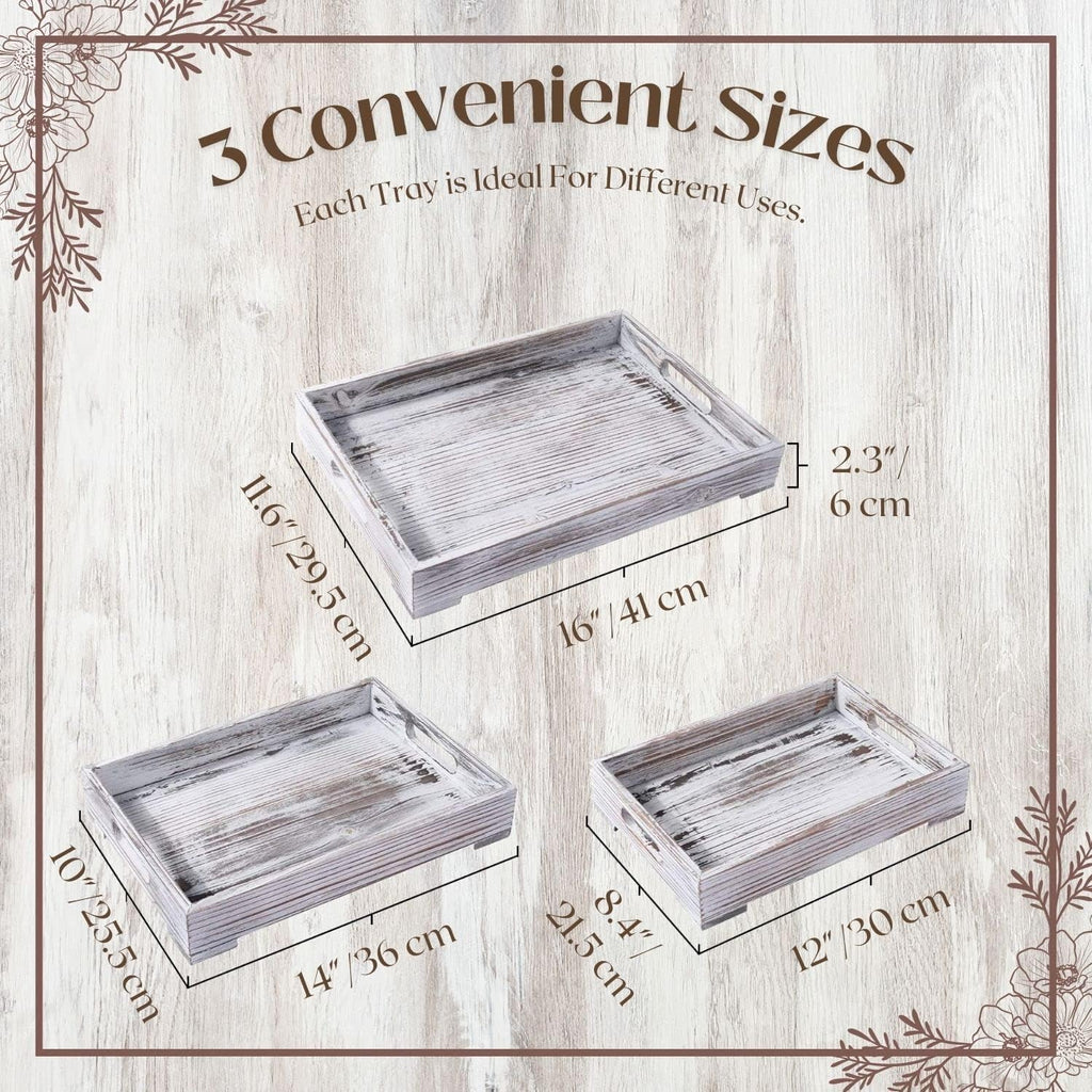 Rustic Wooden Serving Tray with Handle - 3-Piece Set of Wooden Trays for Ottomans, Torched Whitewash Nesting Trays for Eating, Decoration, Coffee, Stackable Rectangular Breakfast Trays