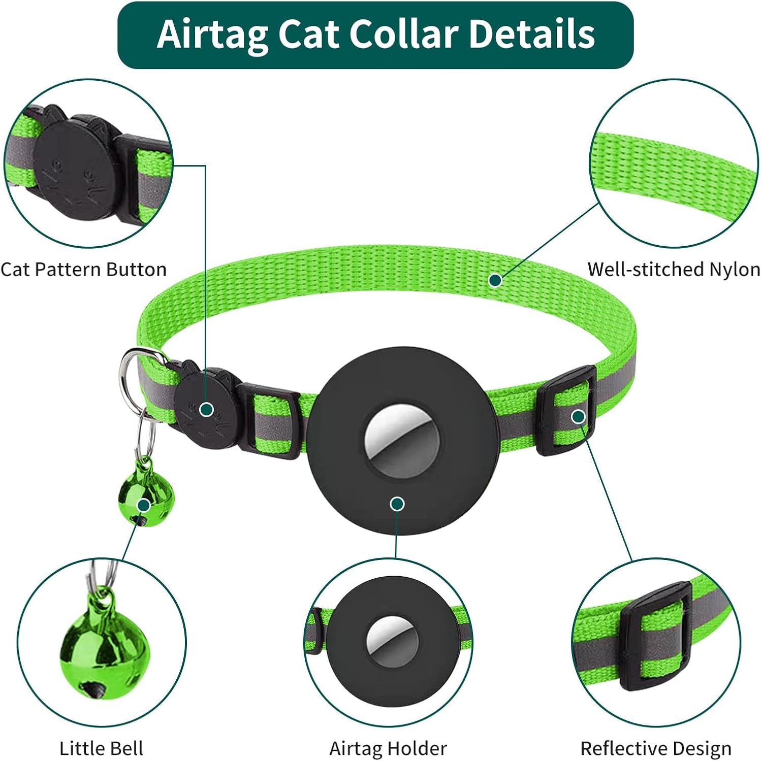 Breakaway Airtag Cat Collar, Reflective Apple Air Tag Cat Collar with Bell and Waterproof Airtag Holder Case, GPS Pet Tracker Collar for Girl Boy Cats, Kittens, Puppies (Green)