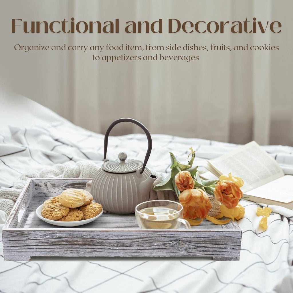 Rustic Wooden Serving Tray with Handle - 3-Piece Set of Wooden Trays for Ottomans, Torched Whitewash Nesting Trays for Eating, Decoration, Coffee, Stackable Rectangular Breakfast Trays