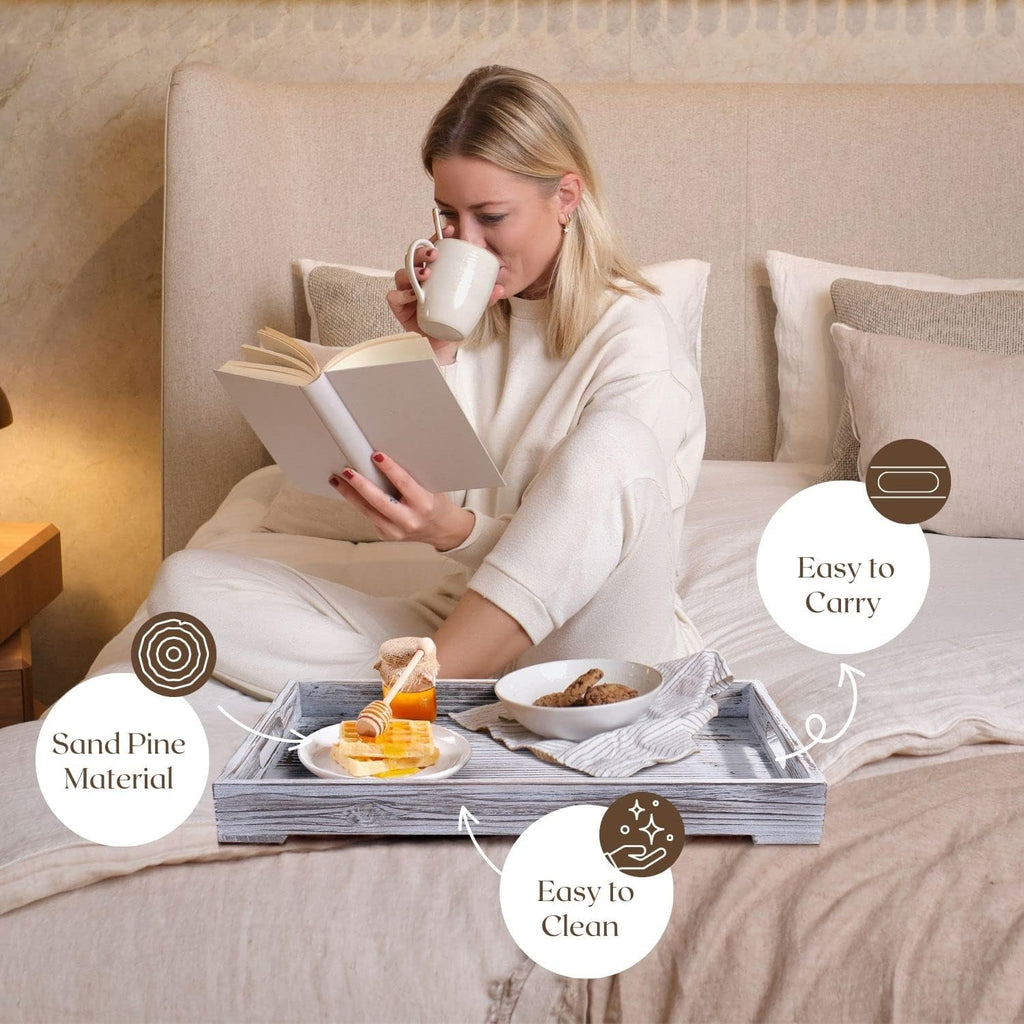 Rustic Wooden Serving Tray with Handle - 3-Piece Set of Wooden Trays for Ottomans, Torched Whitewash Nesting Trays for Eating, Decoration, Coffee, Stackable Rectangular Breakfast Trays