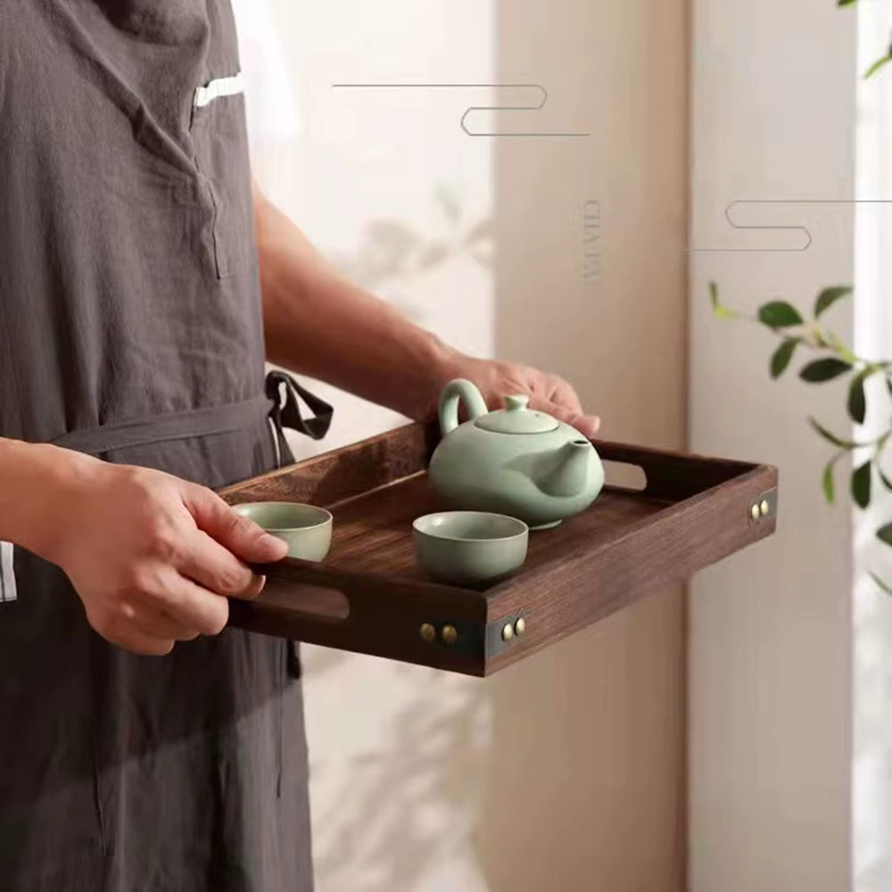 Handmade Wooden Tray with Handle Coffee Walnut Platter Decorative Kitchen Storage Tray Farmhouse Tea Cocktails Coffee Cup Tray