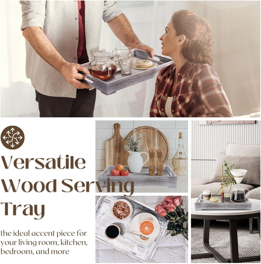 Rustic Wooden Serving Tray with Handle - 3-Piece Set of Wooden Trays for Ottomans, Torched Whitewash Nesting Trays for Eating, Decoration, Coffee, Stackable Rectangular Breakfast Trays