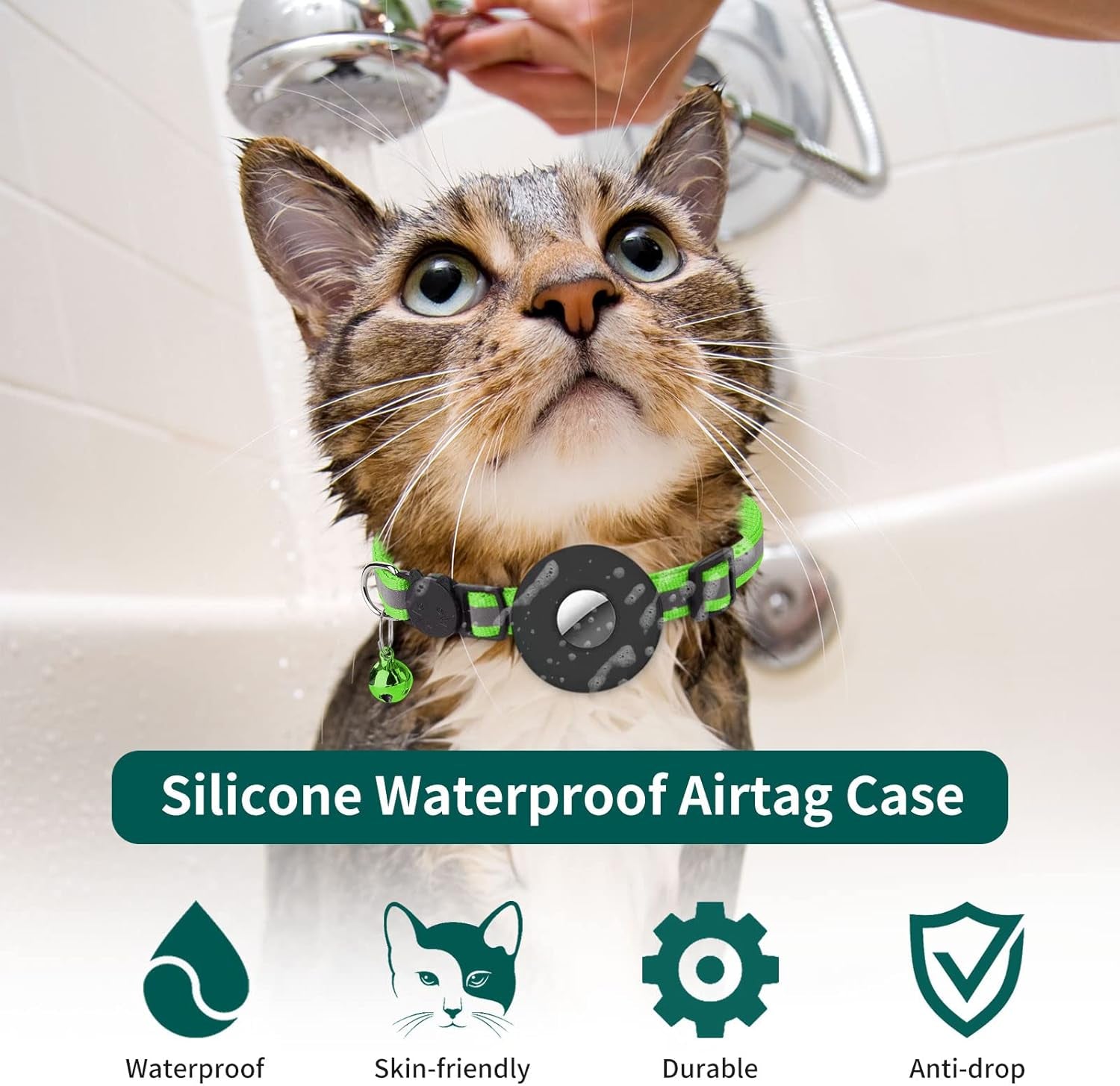 Breakaway Airtag Cat Collar, Reflective Apple Air Tag Cat Collar with Bell and Waterproof Airtag Holder Case, GPS Pet Tracker Collar for Girl Boy Cats, Kittens, Puppies (Green)